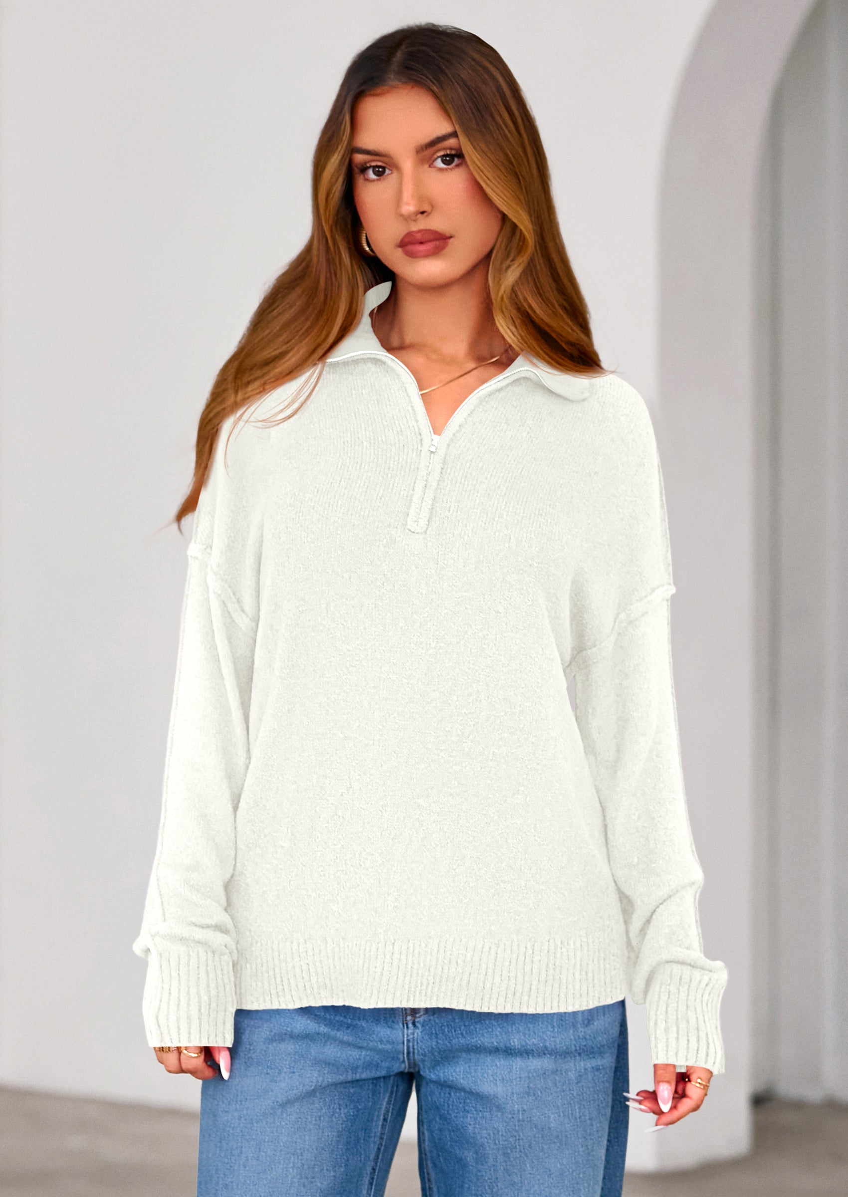 PRETTYGARDEN Womens Sweaters Quarter Zip Pullover Early Fall Fashion Long Sleeve V Neck Collared Knit Winter Jumper Tops