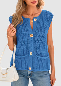 Sleeveless Button Down Cropped Chunky Knit Cardigan Trendy Tank Tops with Pockets