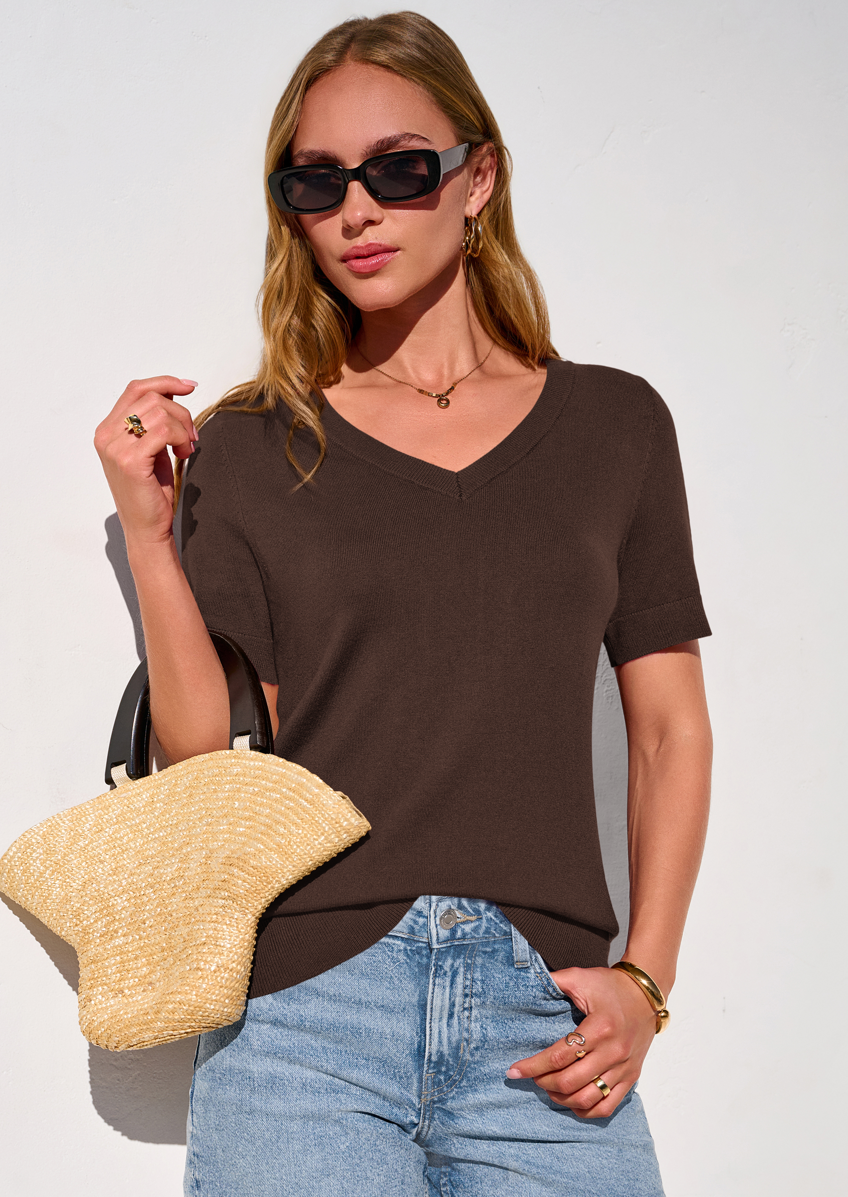 PRETTYGARDEN Womens Short Sleeve Sweater V Neck Trendy Pullover Tops Summer Spring Loose Lightweight Casual Blouse PRETTYGARDEN