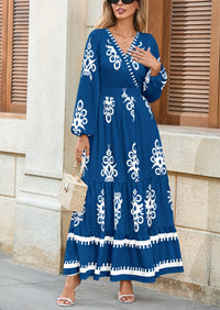 PRETTYGARDEN Women's Fall Wedding Guest Dresses Boho Floral Long Sleeve V Neck Flowy Elegant Maxi Dress Beach Clothes