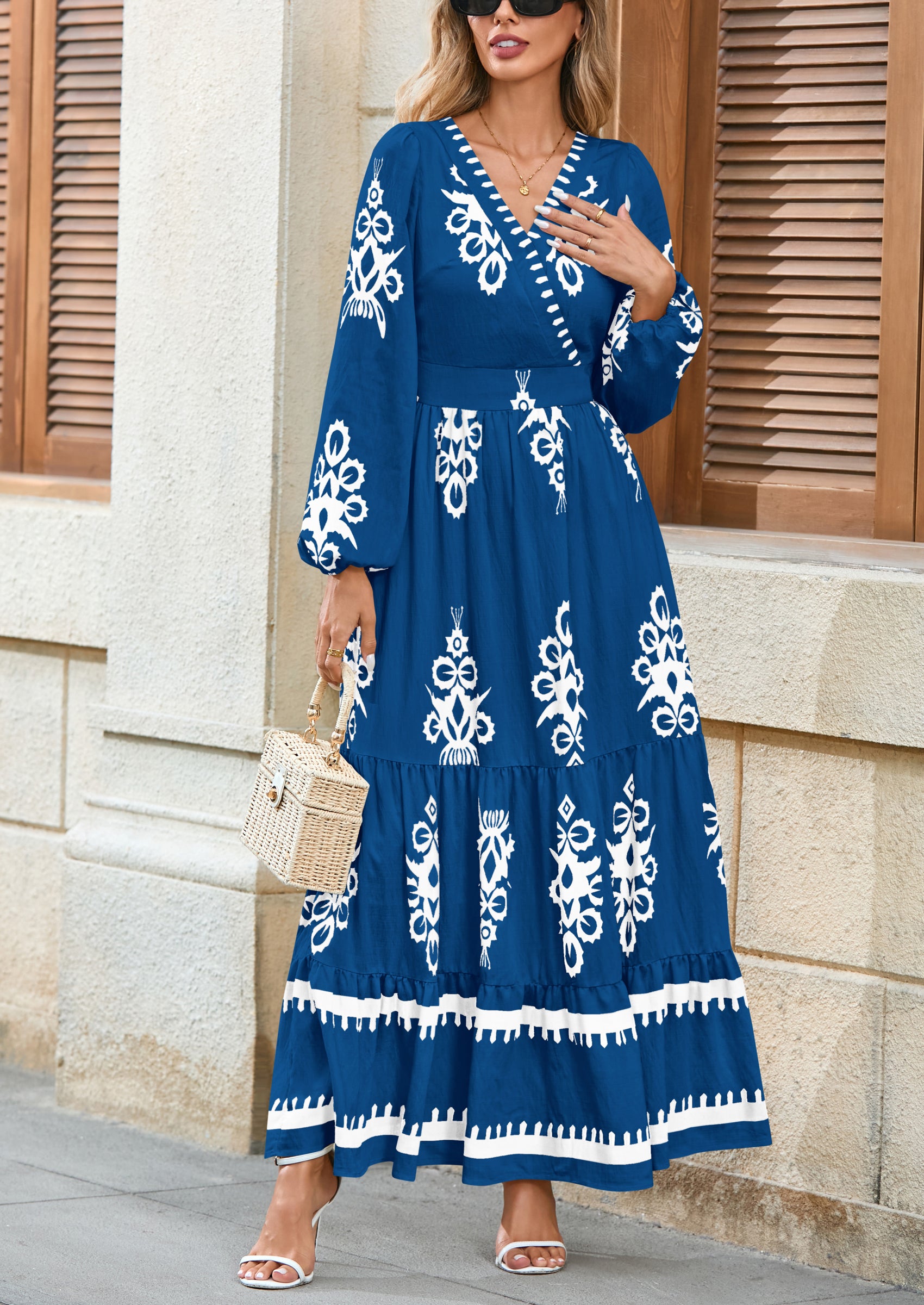 PRETTYGARDEN Women's Fall Wedding Guest Dresses Boho Floral Long Sleeve V Neck Flowy Elegant Maxi Dress Beach Clothes