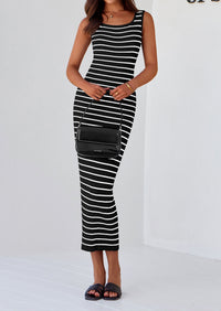 Womens Summer Tank Dress Casual Sleeveless Striped Ribbed Knit Long Dresses Beach Vacation Sundress