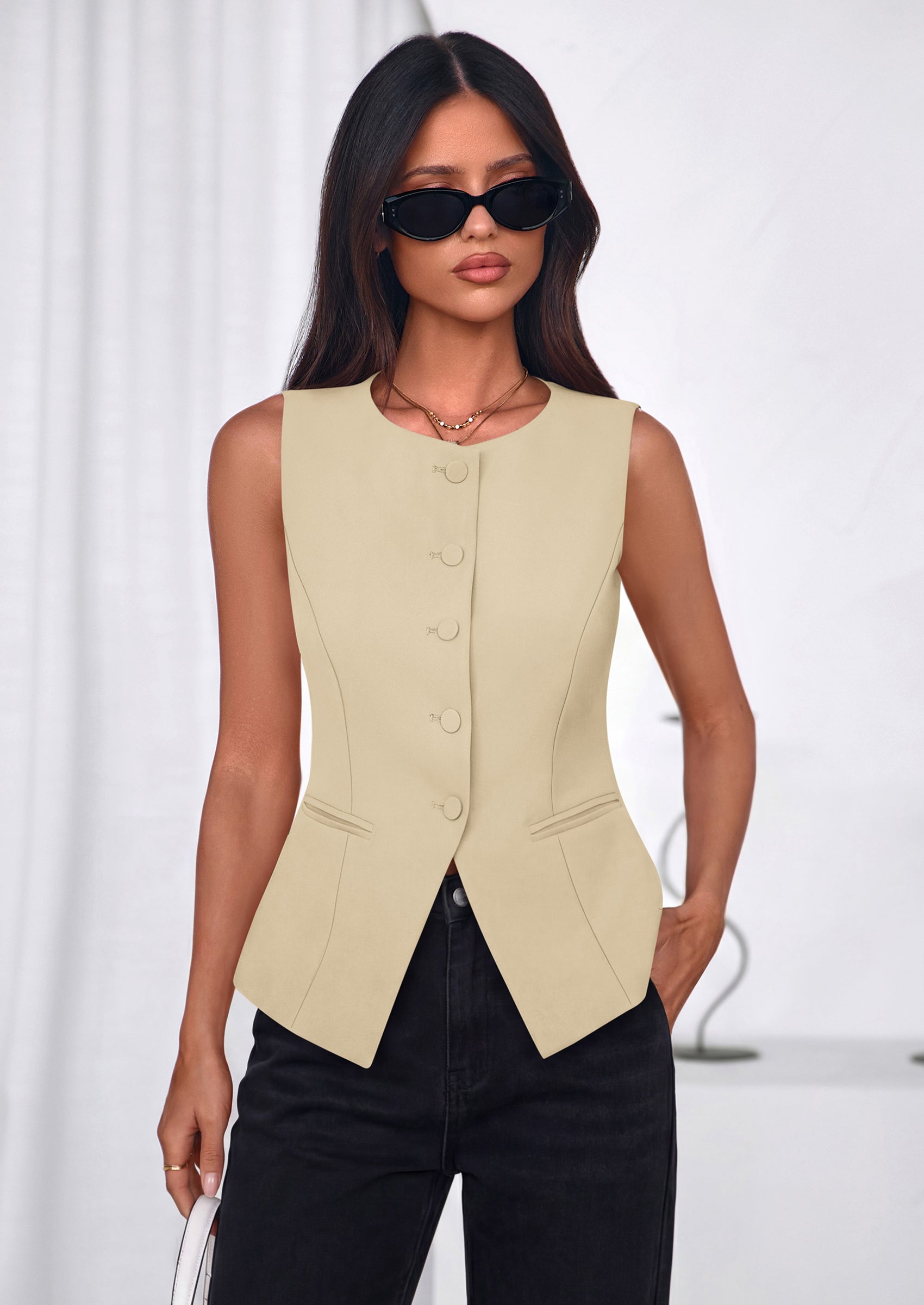 PRETTYGARDEN Womens Vests Top Trendy 2026 Spring Sleeveless Blazer Suit Summer Business Casual Work Button Down Waistcoat PRETTYGARDEN