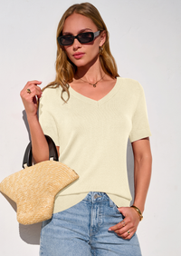 PRETTYGARDEN Womens Short Sleeve Sweater V Neck Trendy Pullover Tops Summer Spring Loose Lightweight Casual Blouse PRETTYGARDEN