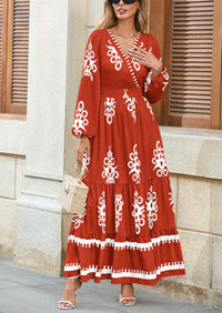 PRETTYGARDEN Women's Fall Wedding Guest Dresses Boho Floral Long Sleeve V Neck Flowy Elegant Maxi Dress Beach Clothes