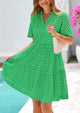 Women's Short Sleeve Mini Dress 2025 Summer V Neck Hollow Out Eyelet Ruffle A Line Swing Short Dresses