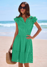 PRETTYGARDEN Women's Summer Sundresses Eyelet Cap Sleeve V Neck Short Boho Wedding Guest Dress Beach Vacation Clothes PRETTYGARDEN