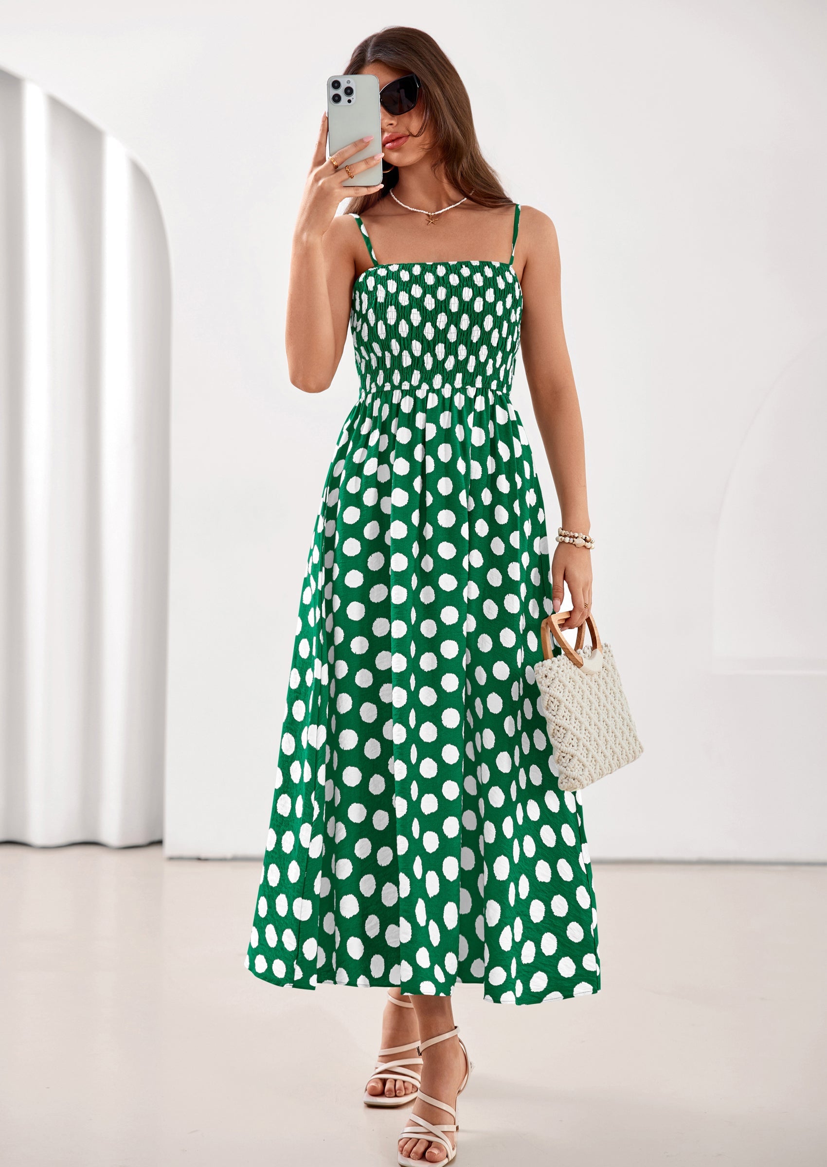 PRETTYGARDEN Womens Summer Dresses Spring Sleeveless Spaghetti Straps Casual Midi Dress Polka Dot Smocked Beach Sundress PRETTYGARDEN