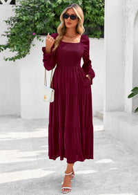 PRETTYGARDEN Fall Wedding Guest Dresses for Women Floral Long Sleeve Smocked Tiered Elegant Long Flowy Boho Dress