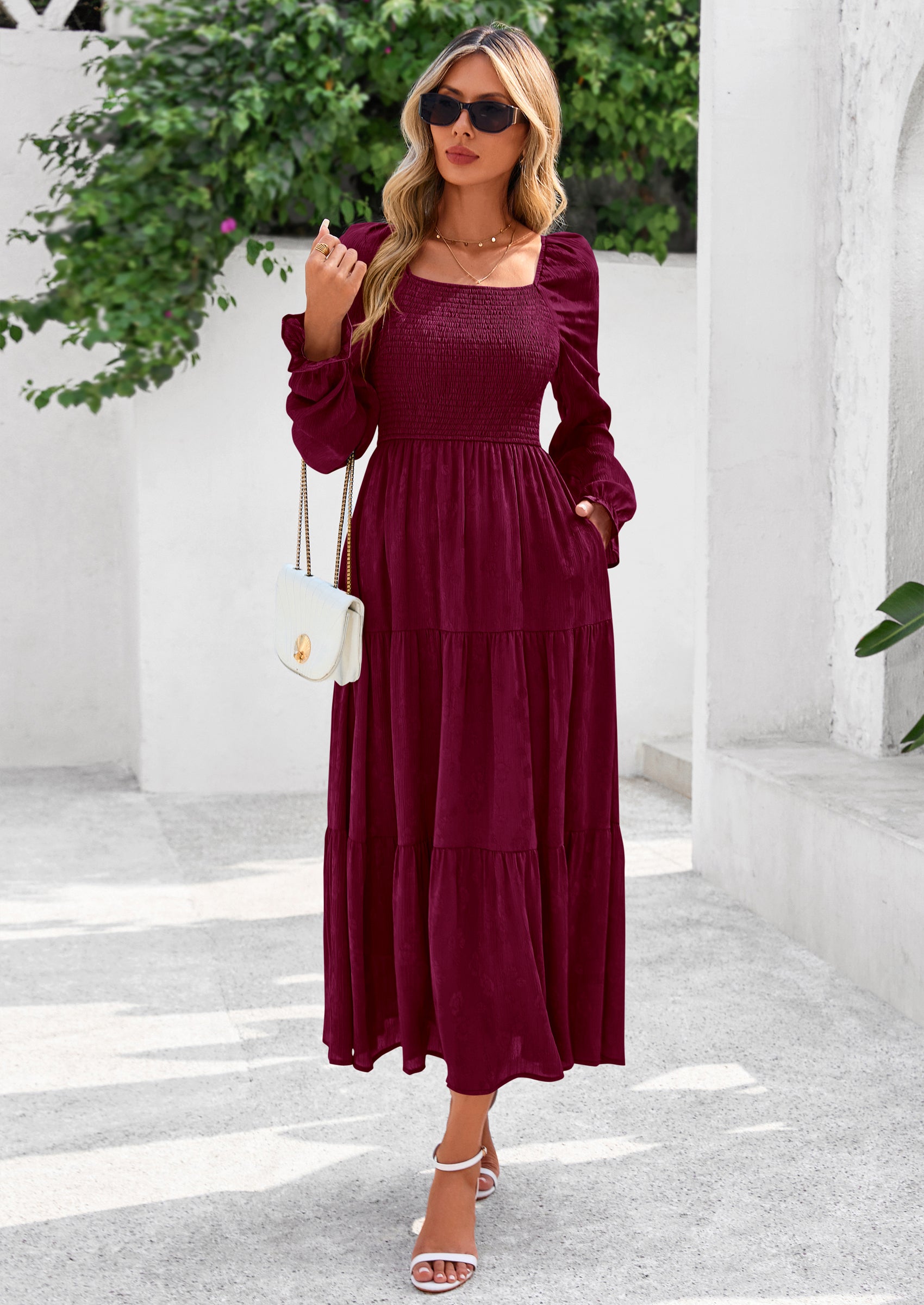 PRETTYGARDEN Fall Wedding Guest Dresses for Women Floral Long Sleeve Smocked Tiered Elegant Long Flowy Boho Dress