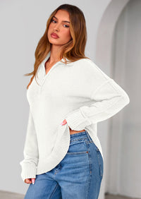 PRETTYGARDEN Womens Sweaters Quarter Zip Pullover Early Fall Fashion Long Sleeve V Neck Collared Knit Winter Jumper Tops