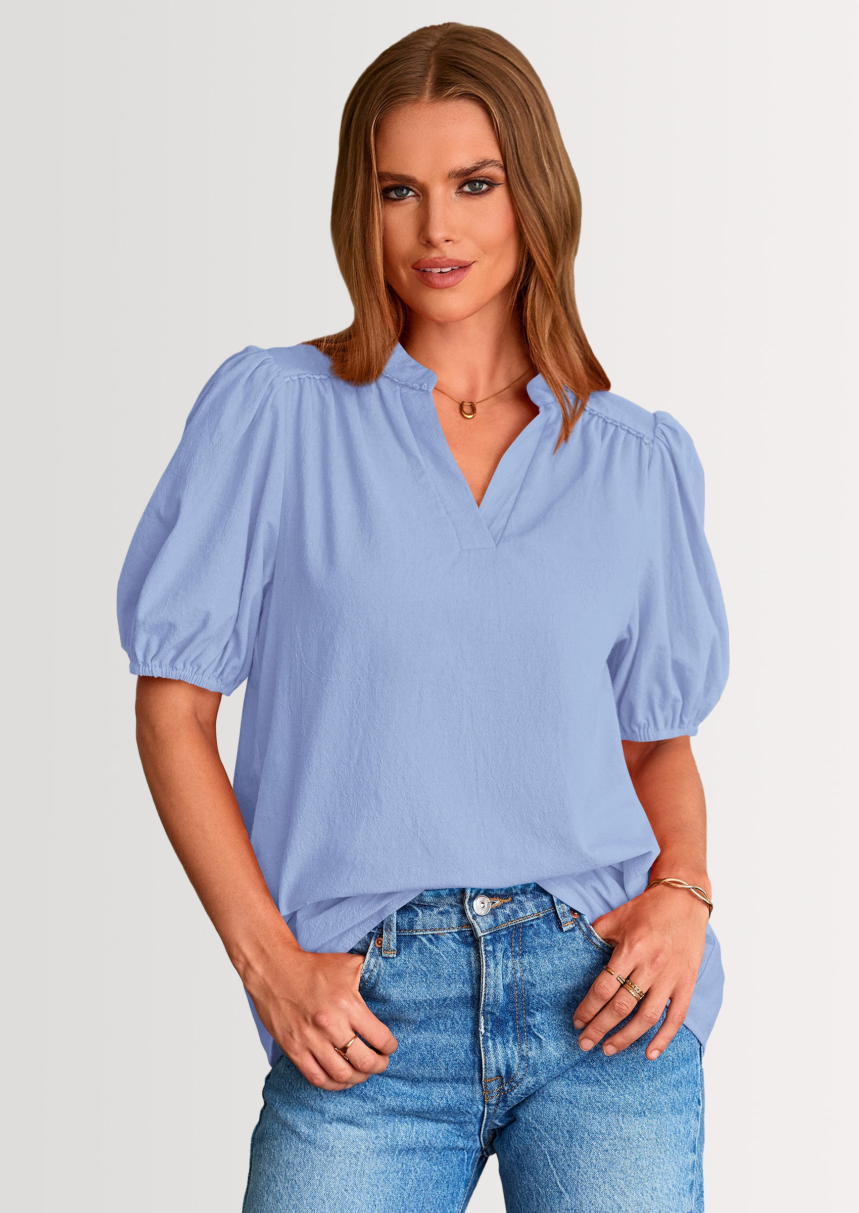 PRETTYGARDEN Womens Casual Summer Tops V Neck Short Puff Sleeve Pleated Cotton T Shirts Loose Dressy Blouses