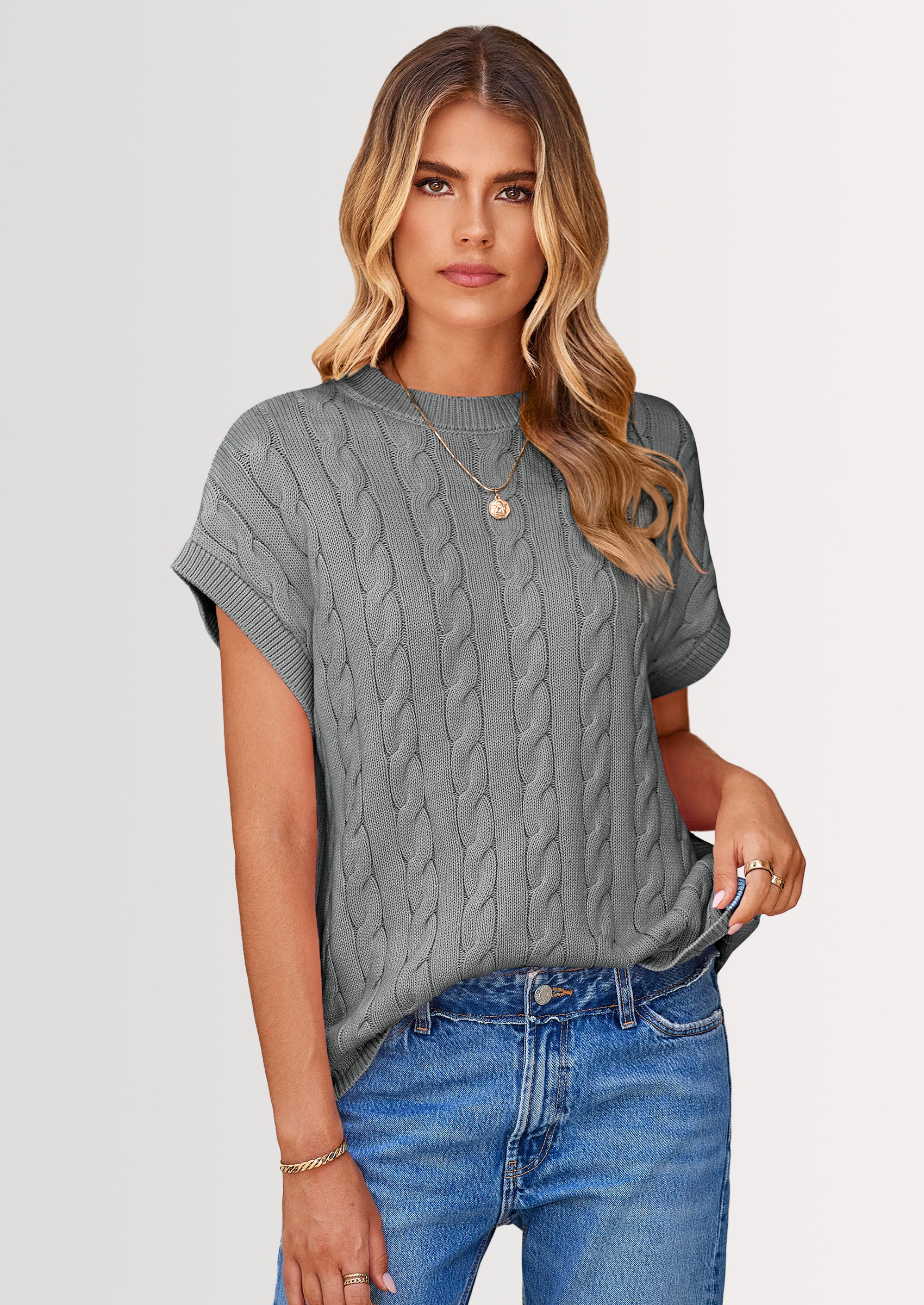 PRETTYGARDEN Women's Sweater Vest Summer Short Sleeve Tops Casual Crewneck Knit Oversized Pullover Trendy Spring Outfits