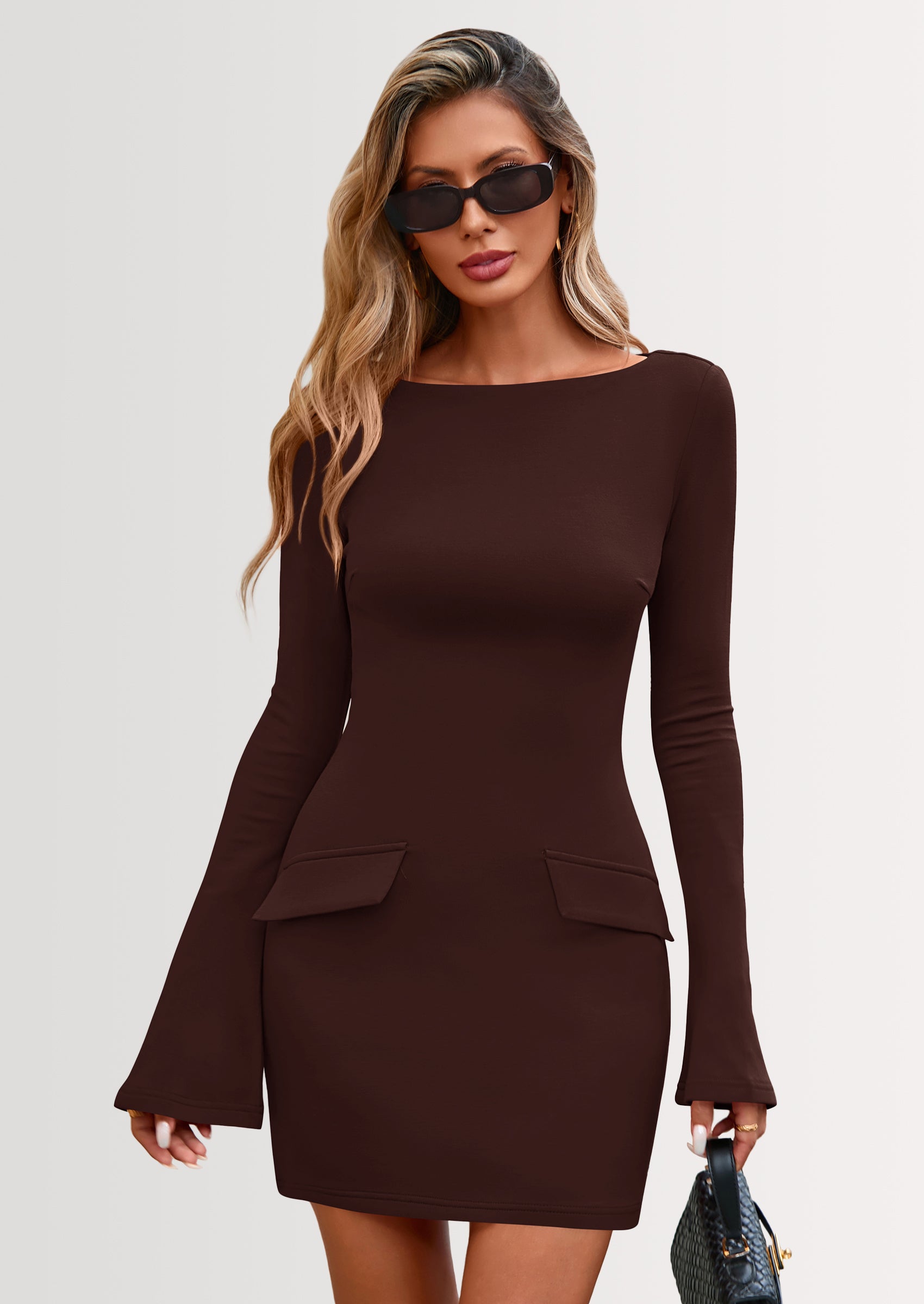 PRETTYGARDEN Womens Fall Long Sleeve Mini Dress Trendy Boat Neck Bodycon Knit Elegant Short Party Dresses