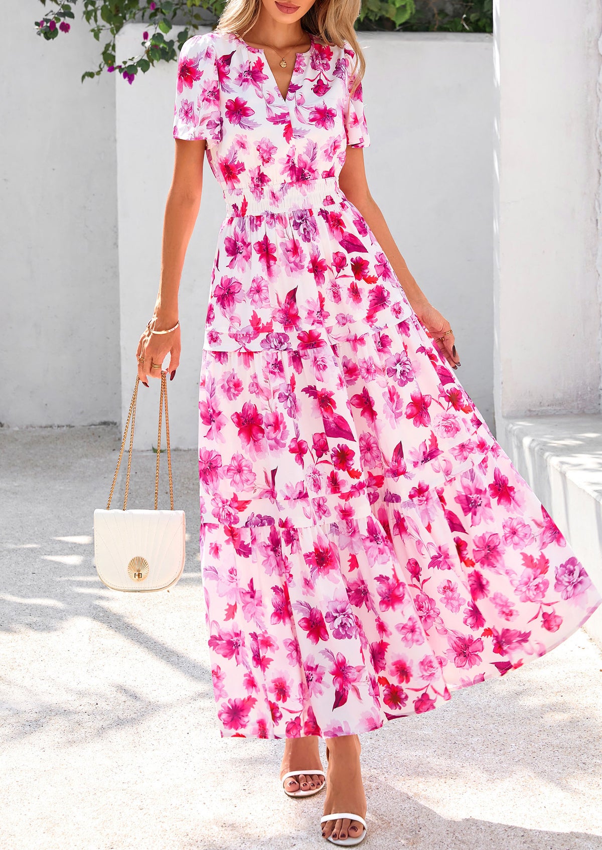 Summer Boho Floral Short Sleeve V Neck A Line Tiered Ruffle Flowy Long Beach Vacation Maxi Dresses