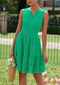 PRETTYGARDEN Women's Summer Dresses Sleeveless V Neck Eyelet Hollow Out Swing A Line Beach Vacation Sun Dress