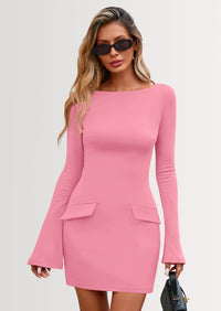 PRETTYGARDEN Womens Fall Long Sleeve Mini Dress Trendy Boat Neck Bodycon Knit Elegant Short Party Dresses