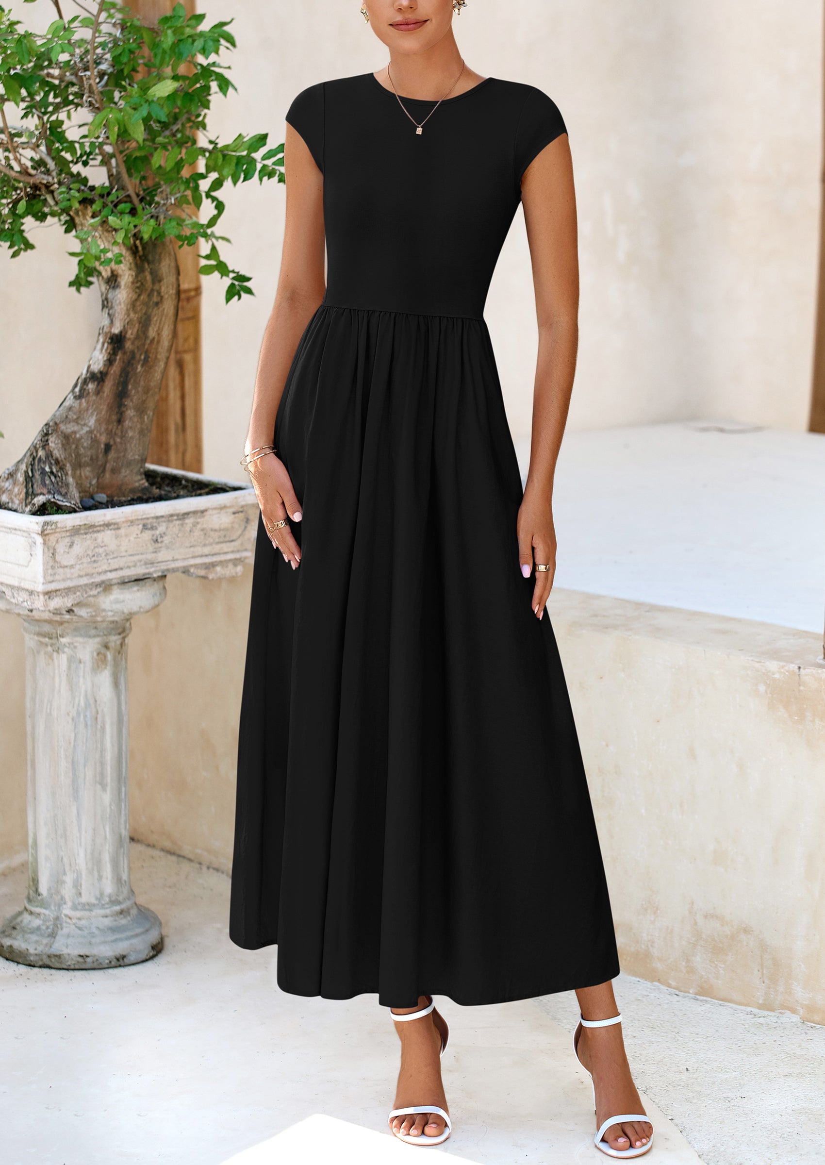 PRETTYGARDEN Women's Casual Long Dresses Cap Sleeve Patchwork A Line Flowy Modest Elegant Homecoming Maxi Dress