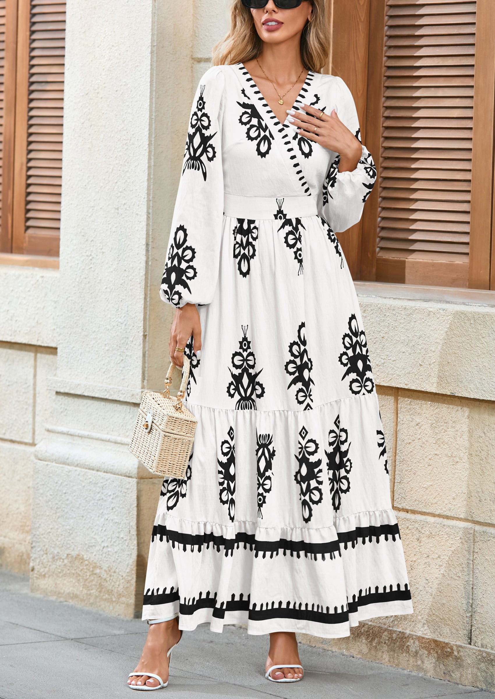 PRETTYGARDEN Women's Fall Wedding Guest Dresses Boho Floral Long Sleeve V Neck Flowy Elegant Maxi Dress Beach Clothes