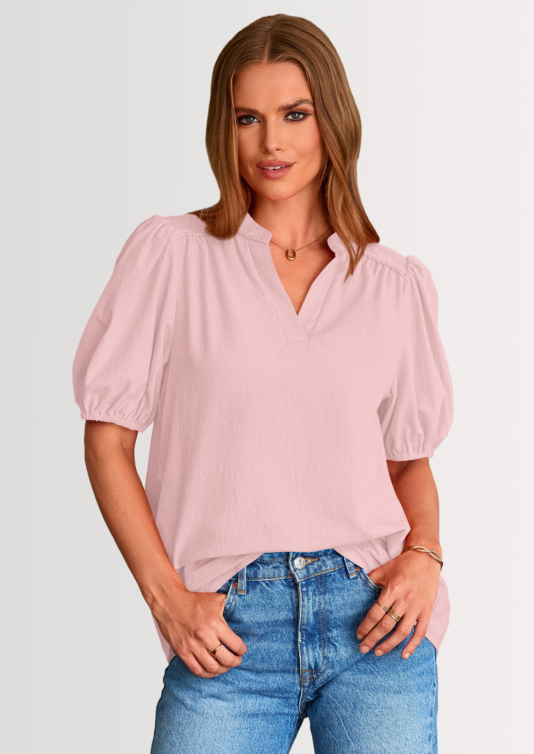 PRETTYGARDEN Womens Casual Summer Tops V Neck Short Puff Sleeve Pleated Cotton T Shirts Loose Dressy Blouses