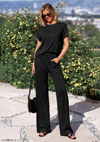 PRETTYGARDEN Women's Summer 2 Piece Matching Lounge Sets Short Sleeve Shirts Tops Wide Leg Pants Travel Airport Outfits