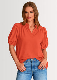 PRETTYGARDEN Womens Casual Summer Tops V Neck Short Puff Sleeve Pleated Cotton T Shirts Loose Dressy Blouses