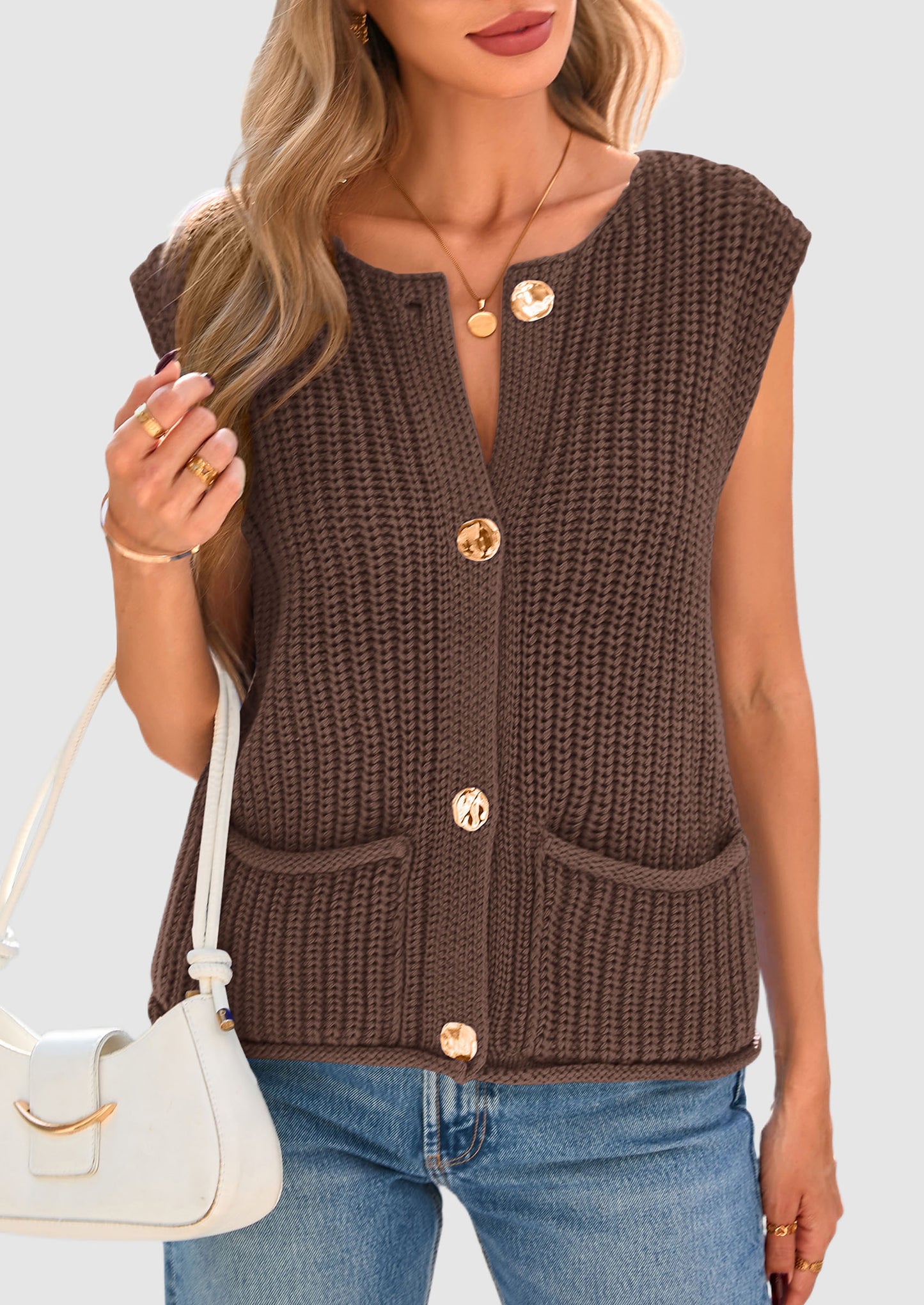 Women's Sweaters Vest 2025 Sleeveless Button Down Cropped Chunky Knit Cardigan Trendy Tank Tops with Pockets