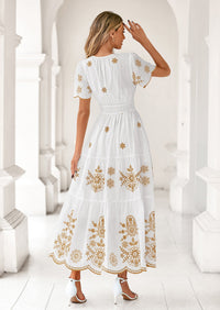 PRETTYGARDEN Boho Dresses for Women Summer Spring Casual Floral Short Sleeve V Neck Maxi Elastic Waist Dress Pockets PRETTYGARDEN