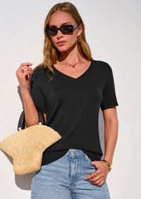 PRETTYGARDEN Womens Short Sleeve Sweater V Neck Trendy Pullover Tops Summer Spring Loose Lightweight Casual Blouse PRETTYGARDEN