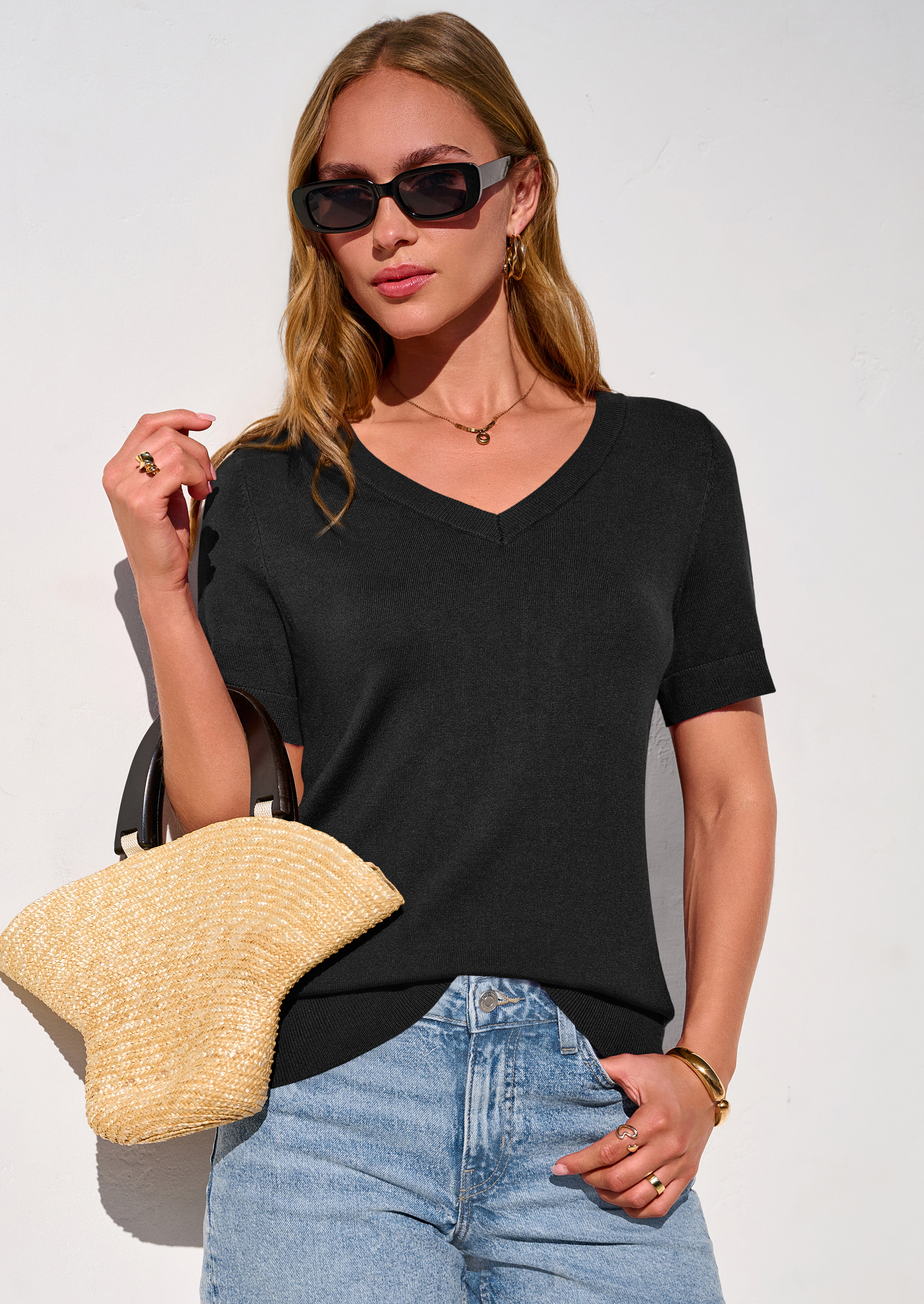 PRETTYGARDEN Womens Short Sleeve Sweater V Neck Trendy Pullover Tops Summer Spring Loose Lightweight Casual Blouse PRETTYGARDEN