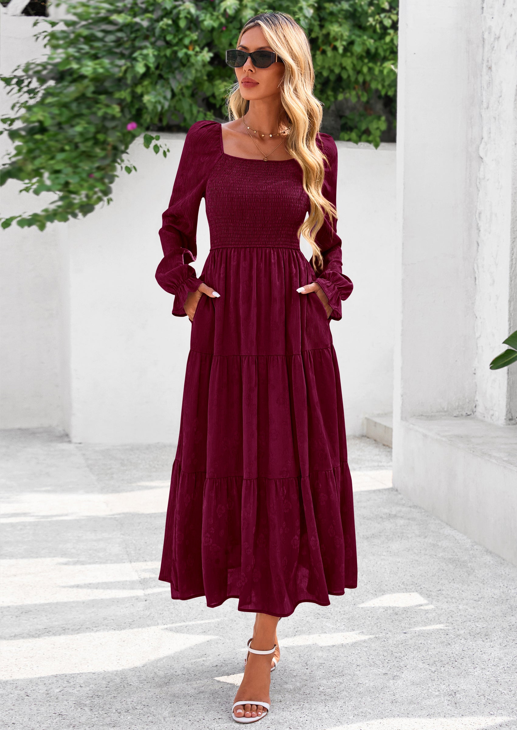 PRETTYGARDEN Fall Wedding Guest Dresses for Women Floral Long Sleeve Smocked Tiered Elegant Long Flowy Boho Dress