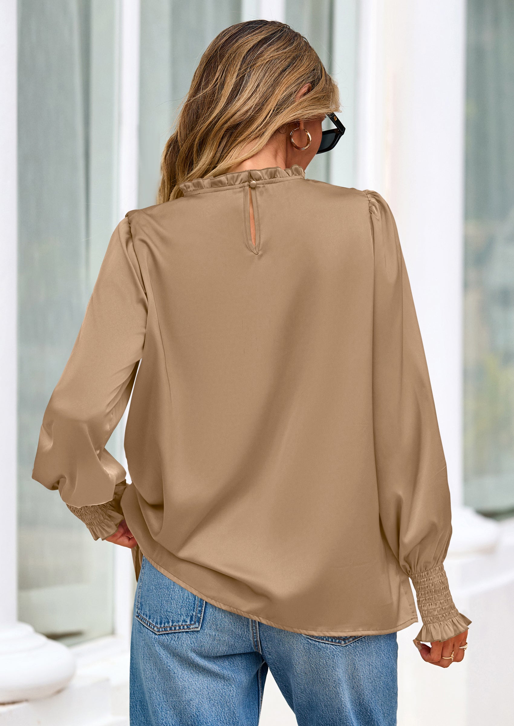 PRETTYGARDEN Blouses for Women Dressy Casual Fall Outfits Frill Neck Long Sleeve Shirts Satin Work Business Casual Tops