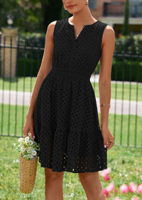 PRETTYGARDEN Women's Summer Dresses Sleeveless V Neck Eyelet Hollow Out Swing A Line Beach Vacation Sun Dress