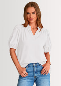 PRETTYGARDEN Womens Casual Summer Tops V Neck Short Puff Sleeve Pleated Cotton T Shirts Loose Dressy Blouses