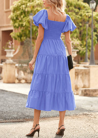 PRETTYGARDEN Women's Summer Casual Midi Dress Puffy Short Sleeve Square Neck Smocked Tiered Ruffle Dresses
