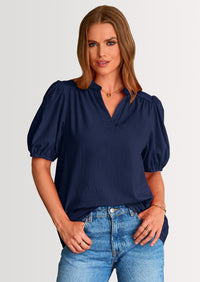 PRETTYGARDEN Womens Casual Summer Tops V Neck Short Puff Sleeve Pleated Cotton T Shirts Loose Dressy Blouses