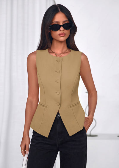 PRETTYGARDEN Womens Vests Top Trendy 2026 Spring Sleeveless Blazer Suit Summer Business Casual Work Button Down Waistcoat PRETTYGARDEN