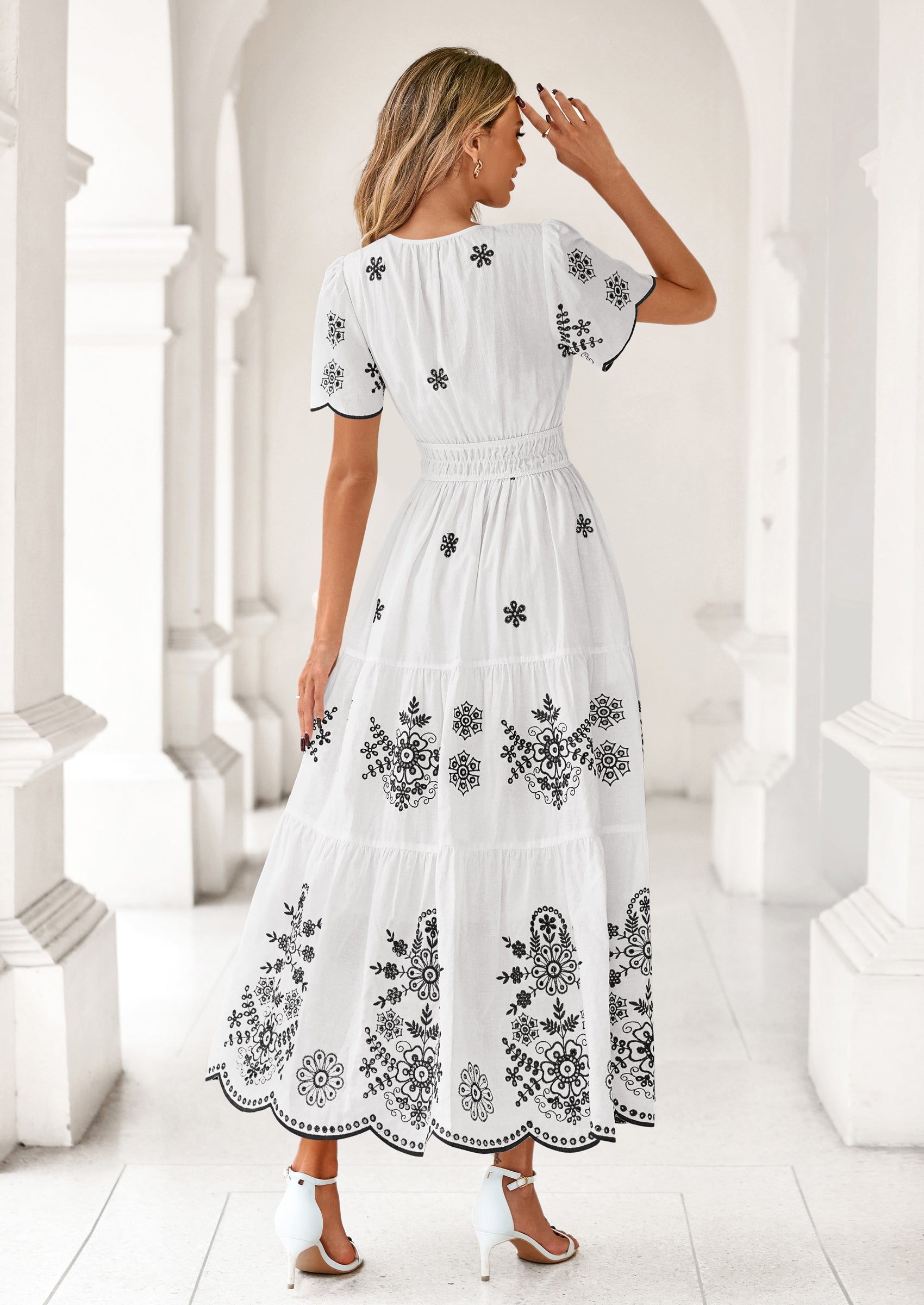 PRETTYGARDEN Boho Dresses for Women Summer Spring Casual Floral Short Sleeve V Neck Maxi Elastic Waist Dress Pockets PRETTYGARDEN