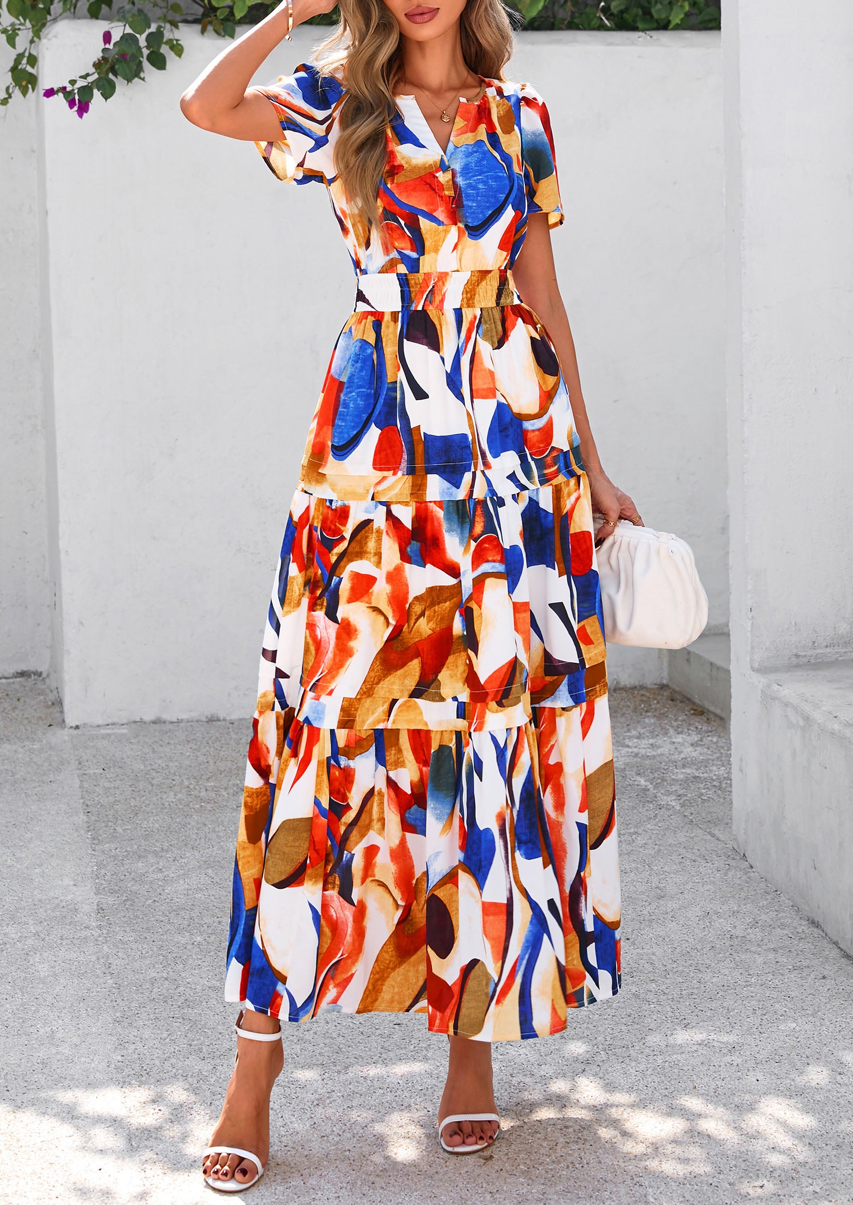 PRETTYGARDEN Women's Boho Maxi Dresses Floral Short Sleeve V Neck A Line Tiered Flowy Long Beach Vacation Dress