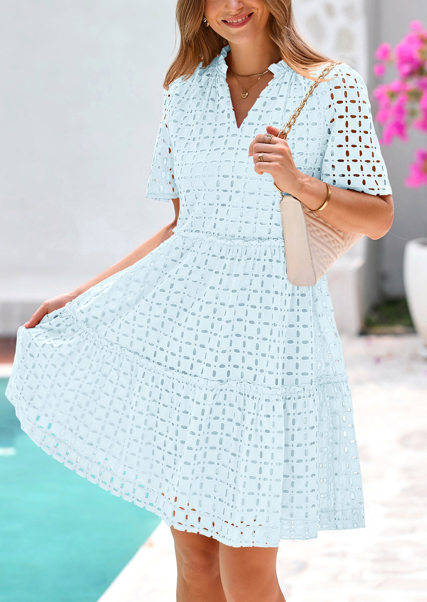 Women's Short Sleeve Mini Dress 2025 Summer V Neck Hollow Out Eyelet Ruffle A Line Swing Short Dresses