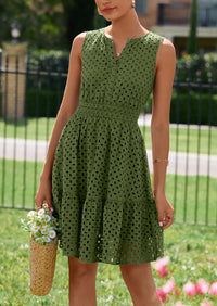 PRETTYGARDEN Women's Summer Dresses Sleeveless V Neck Eyelet Hollow Out Swing A Line Beach Vacation Sun Dress