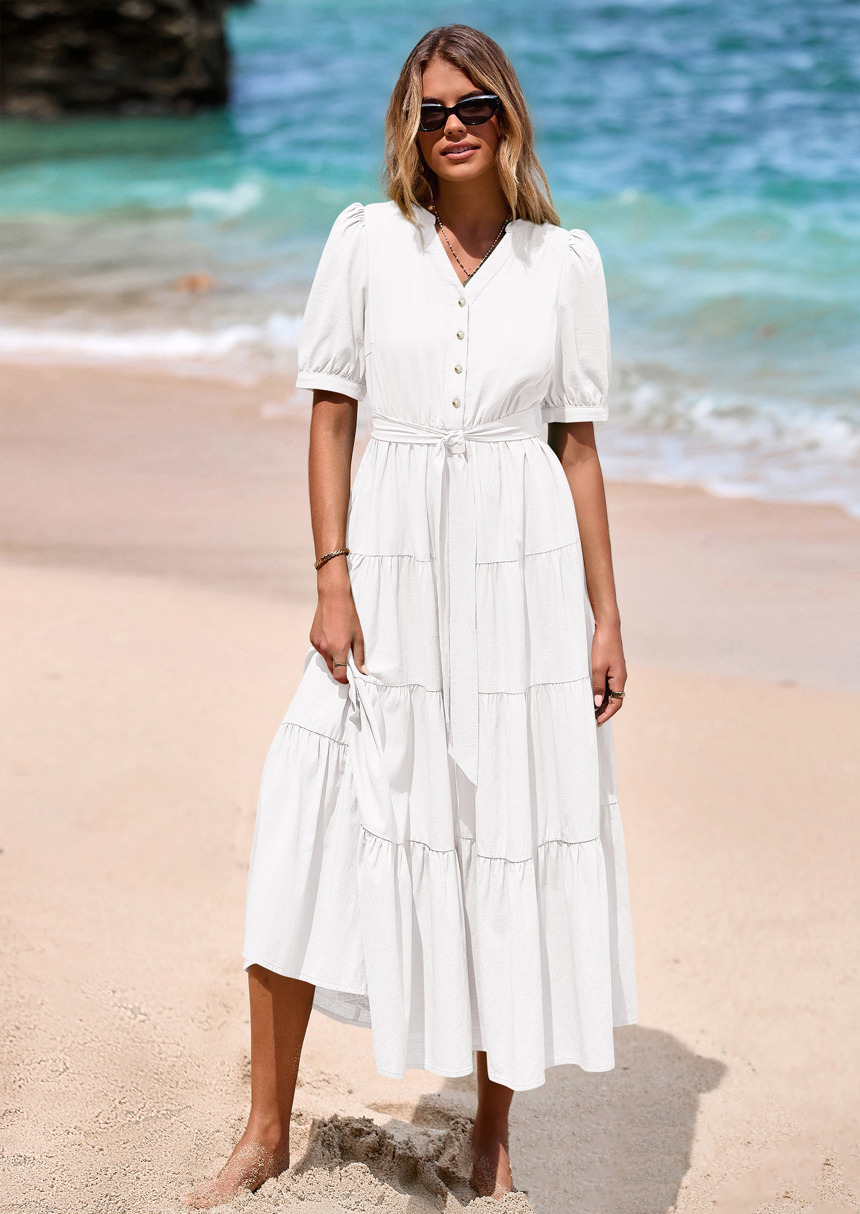 PRETTYGARDEN Women's Midi Dress Casual Short Sleeve V Neck Buttons Belted Ruffle A Line Flowy Dress with Pockets