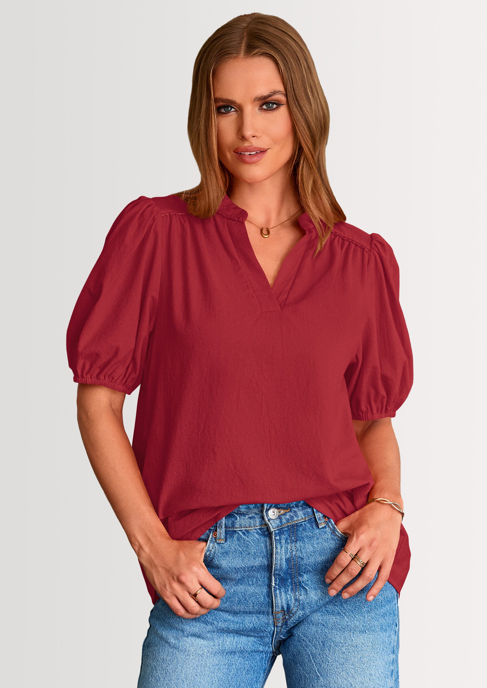 PRETTYGARDEN Womens Casual Summer Tops V Neck Short Puff Sleeve Pleated Cotton T Shirts Loose Dressy Blouses