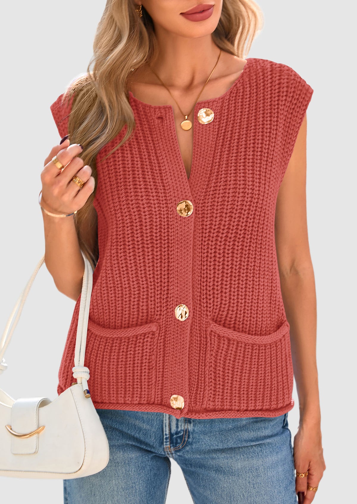 Sleeveless Button Down Cropped Chunky Knit Cardigan Trendy Tank Tops with Pockets