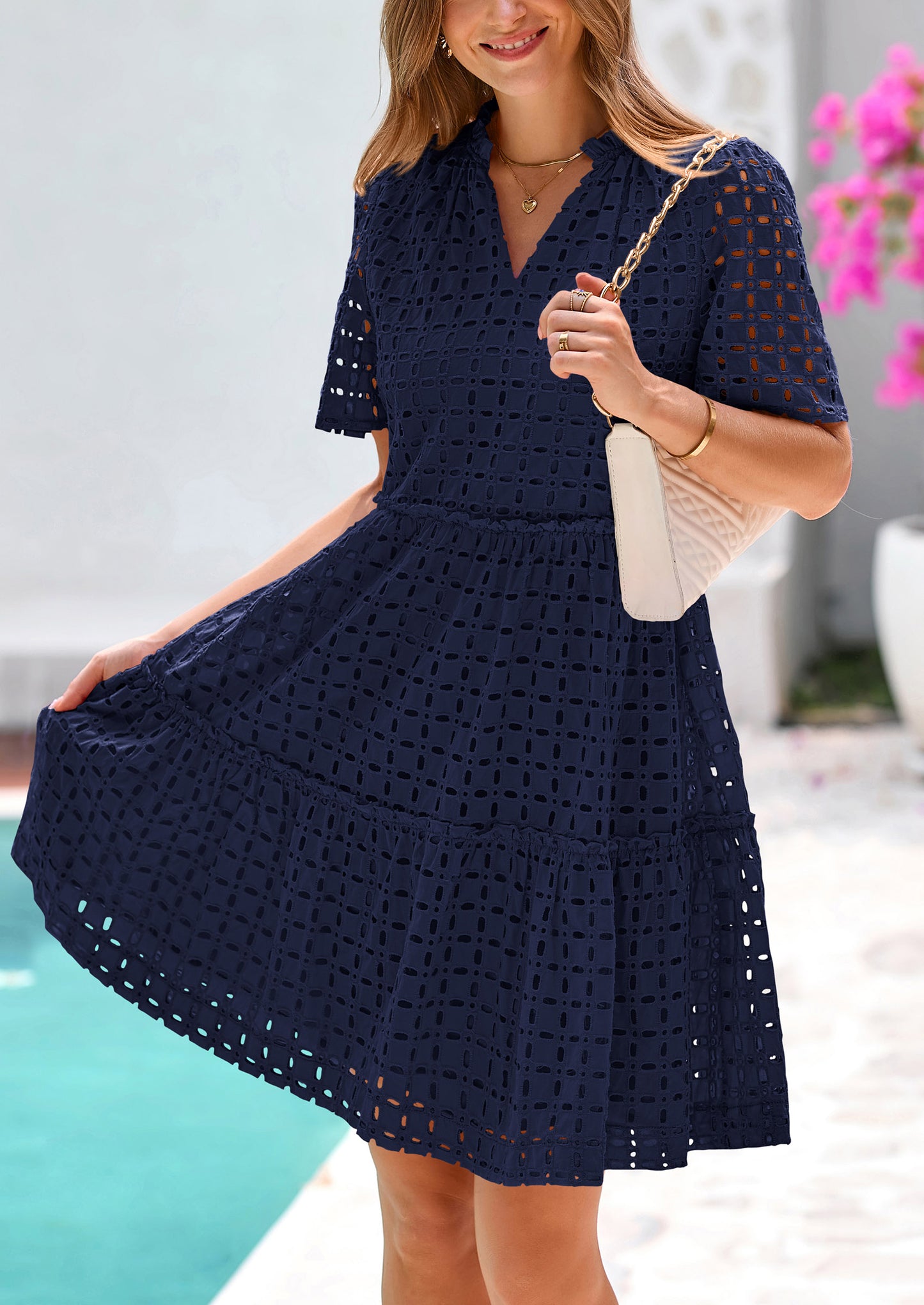 Women's Short Sleeve Mini Dress 2025 Summer V Neck Hollow Out Eyelet Ruffle A Line Swing Short Dresses