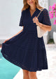 Women's Short Sleeve Mini Dress 2025 Summer V Neck Hollow Out Eyelet Ruffle A Line Swing Short Dresses