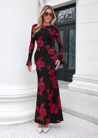 PRETTYGARDEN Women's Formal Floral Maxi Bodycon Dresses  Ruffle Long Sleeve, Fall Winter Outfits 2026 for Wedding Guest, Homecoming & Cocktail, Slimming Mesh Dress with Lining