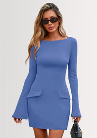PRETTYGARDEN Womens Fall Long Sleeve Mini Dress Trendy Boat Neck Bodycon Knit Elegant Short Party Dresses