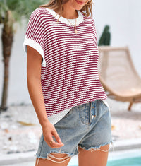 Women's Short Sleeve Spring Summer 2025 Round Neck Striped Pullover Cap Sleeve Knit T-shirt