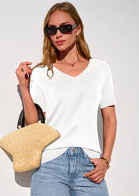 PRETTYGARDEN Womens Short Sleeve Sweater V Neck Trendy Pullover Tops Summer Spring Loose Lightweight Casual Blouse PRETTYGARDEN